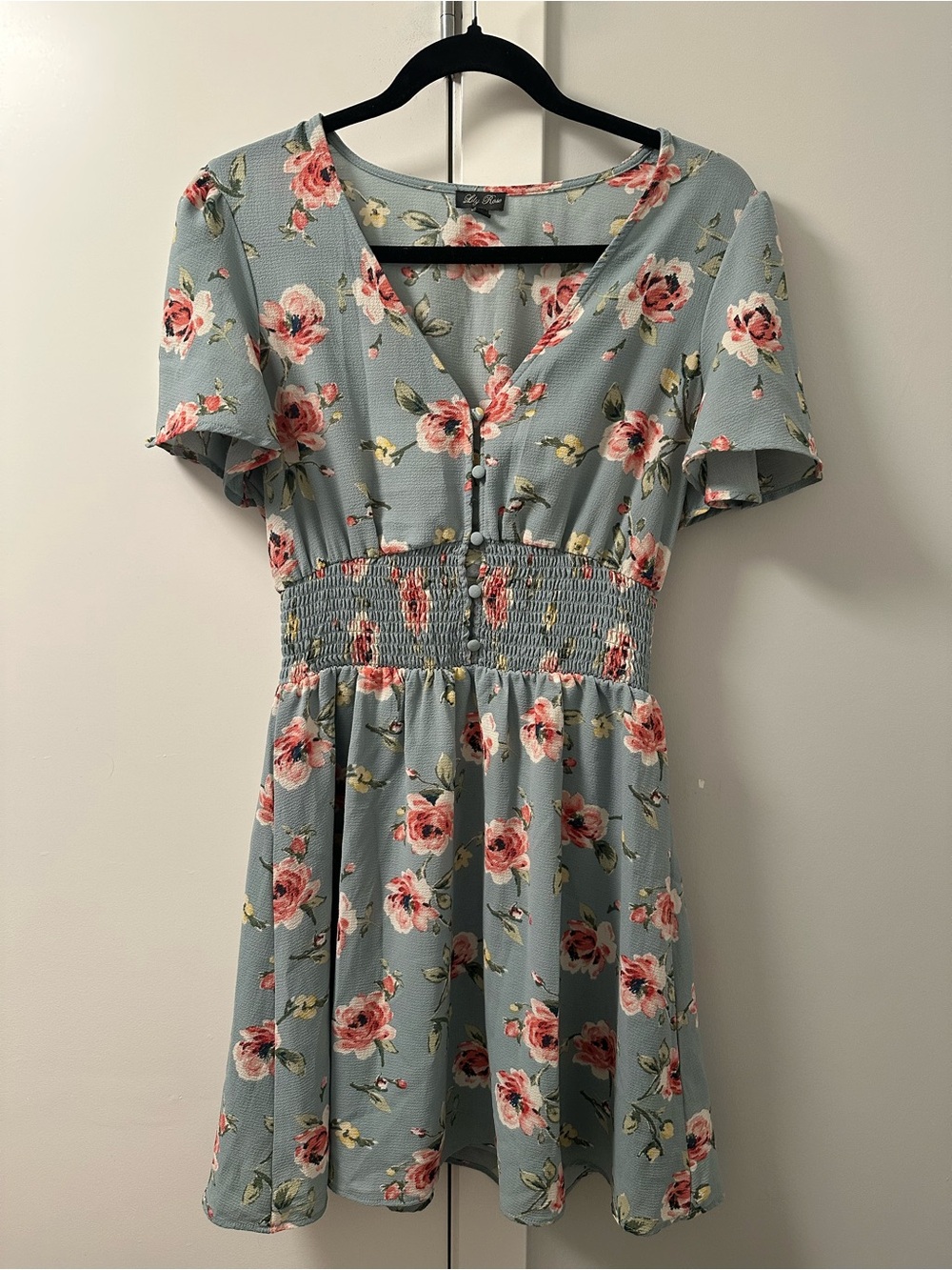 Floral Smocked Waist Mini Dress - Blue with Pink Roses